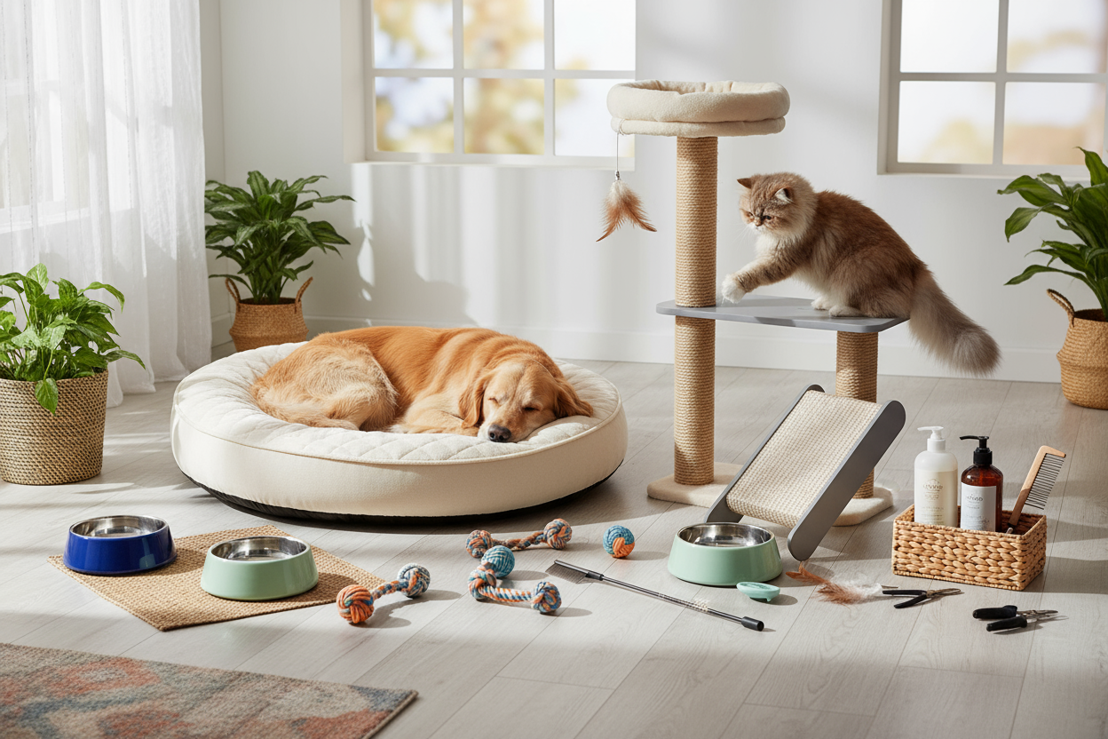 erstelle mir ein bild für katzen und hunde möbel, spielwaren, fressnäpfe  und pflege